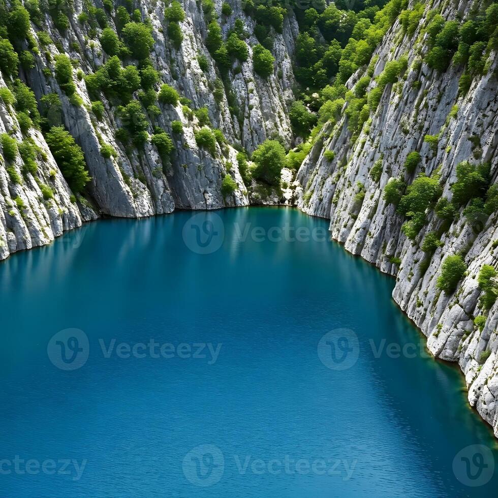A blue lake surrounded by cliffs and trees photo