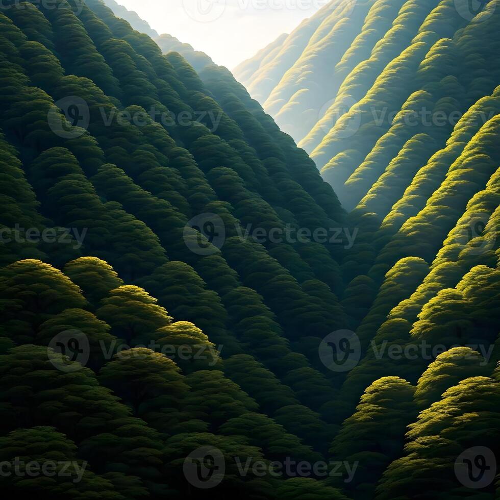 A painting of a mountain with trees in the background photo