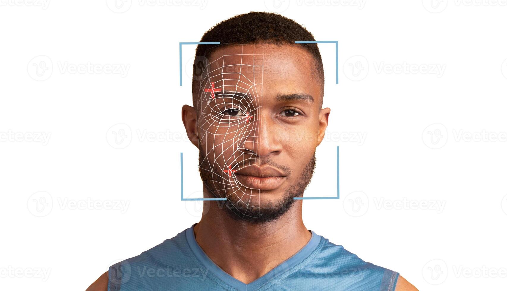 Portrait of young handsome afro-american guy with square frame around his face on white studio background, having face recognition, panorama with copy space. Biometric verification, face concept photo
