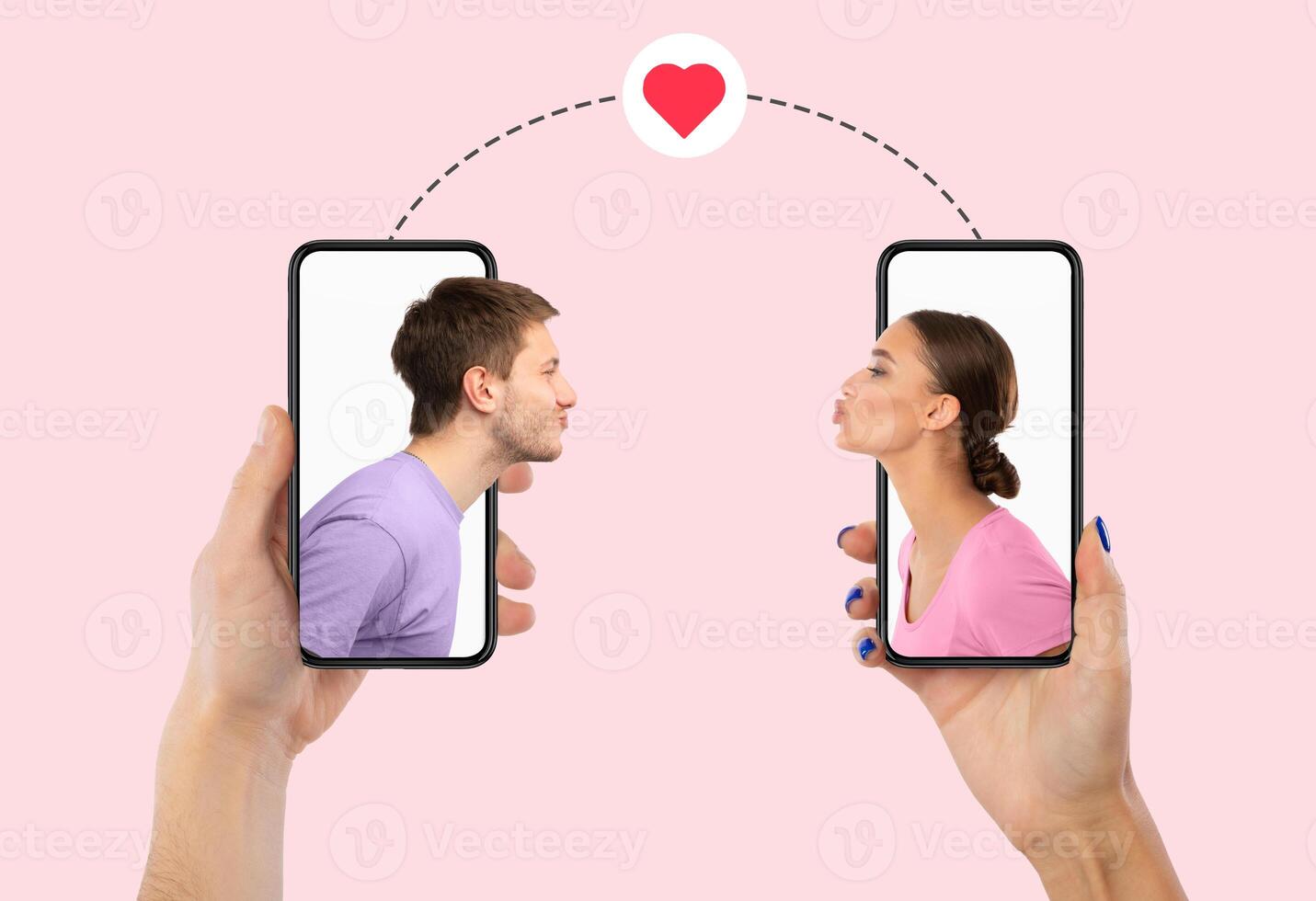 Virtual Date, Celebrating Valentine's Day Online. Creative collage of young couple blowing virtual air kissing from the screen of their smartphones, boyfriend and girlfriend holding gadgets photo