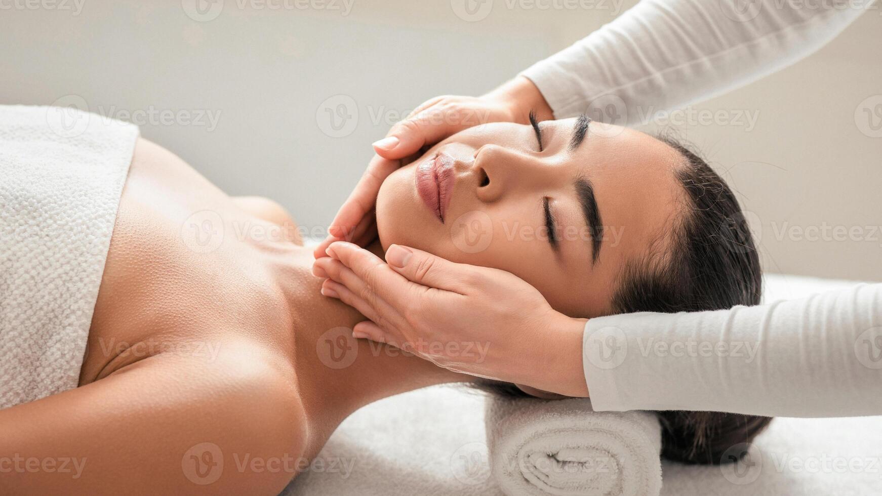 Facial beauty treatment. Relaxed asian woman getting professional face lifting massage at cosmetology cabinet or beauty parlor, young korean lady having spa wellness day, closeup shot with free space photo