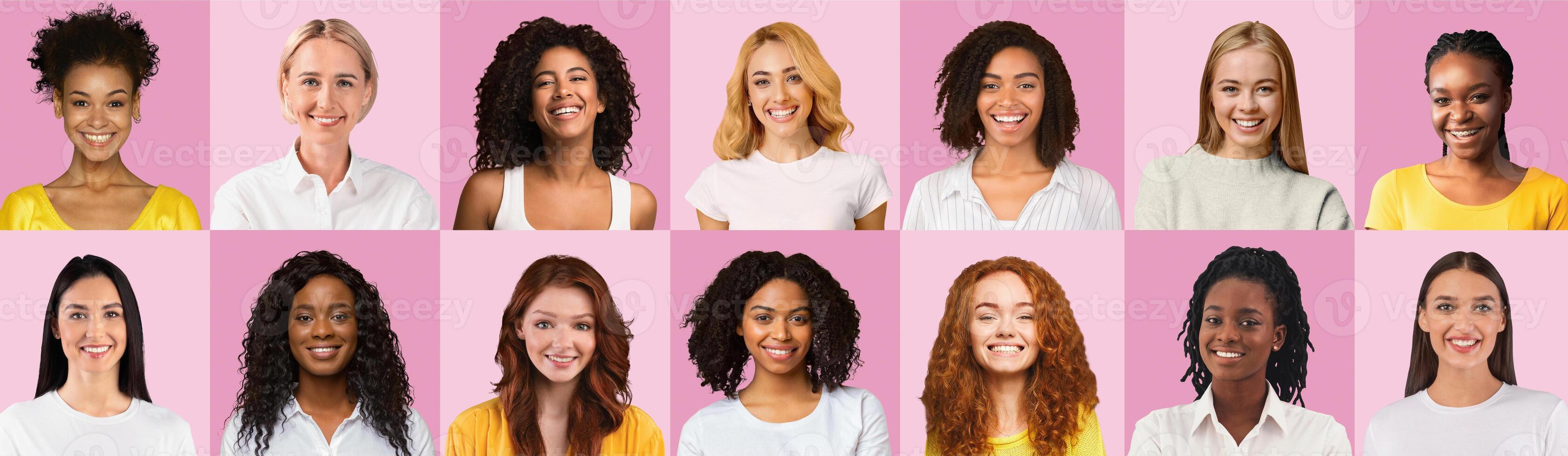 Closeup portraits of multiethnic women of different ages in casual outfits over pink studio backgrounds, collage, panorama. Creative image of attractive smiling multiracial female photos