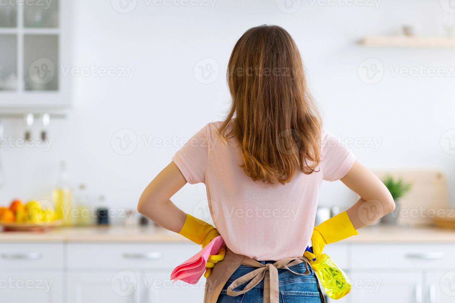 Back view of millennial housewife with detergent and rag ready to start home cleaning at kitchen, copy space. Professional maid prepared for domestic work, doing house chores photo