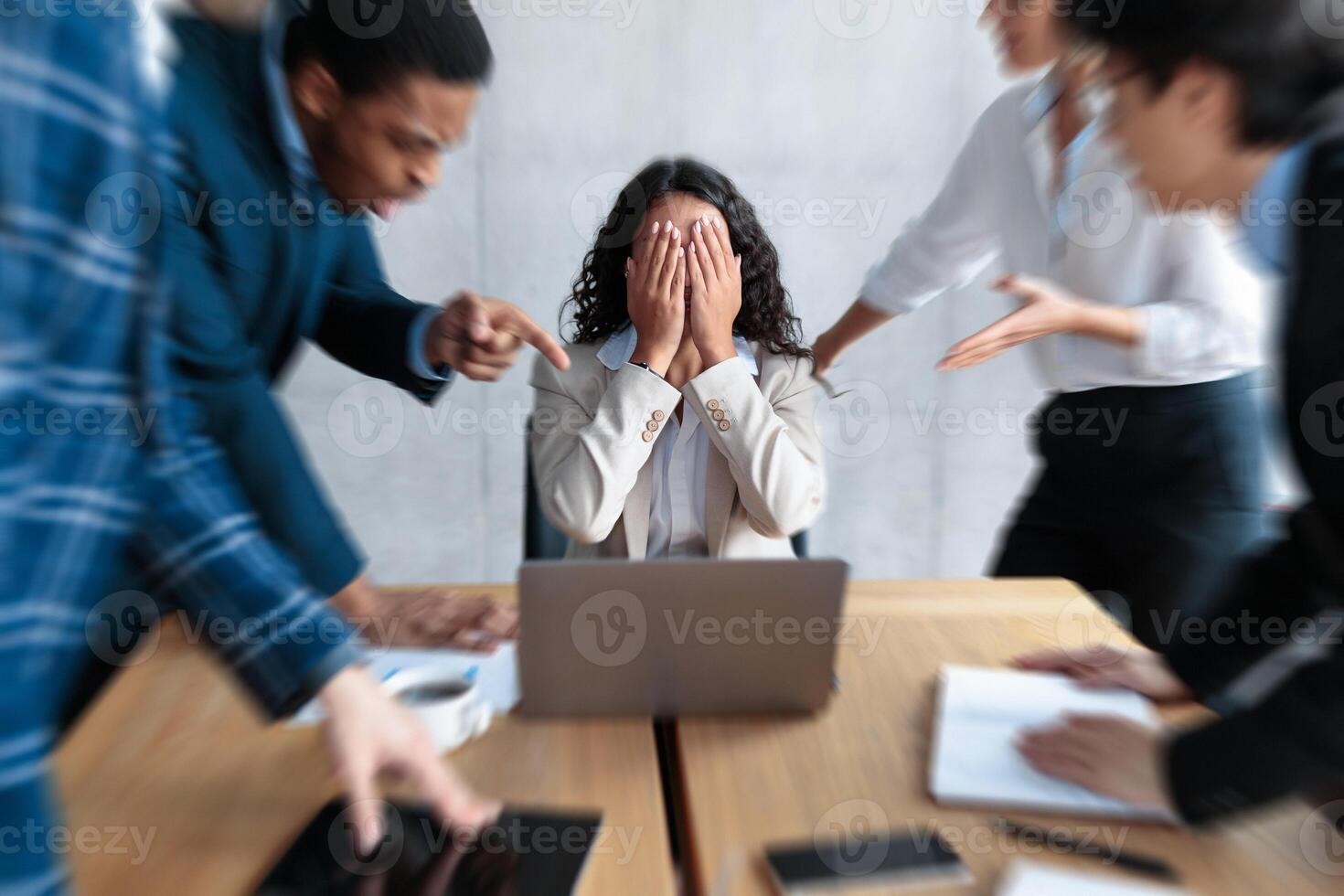 Displeased Business People Shouting At Unhappy Female Employee Overwhelmed After Failure At Work, Sitting Covering Face In Office. Workplace Quarrels, Disagreement And Criticism Concept photo