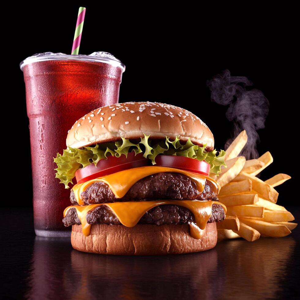 A delicious double patty beef burger with fries and cold drinks photo