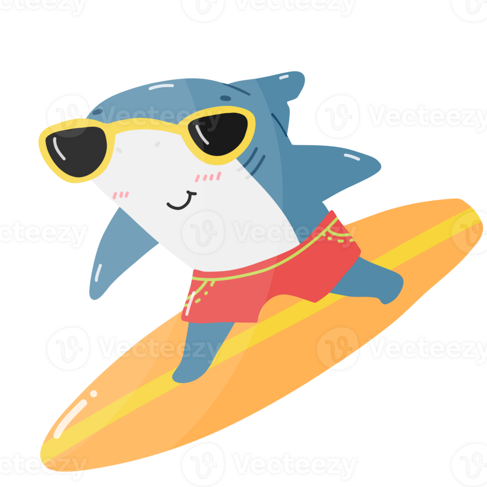 Surfer shark with red short riding surfboard yellow sunglass png