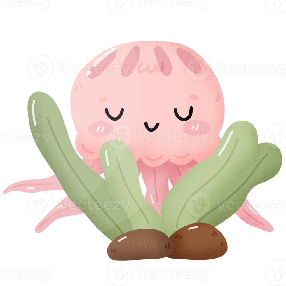 Happy Watercolor Jellyfish in Seaweed png