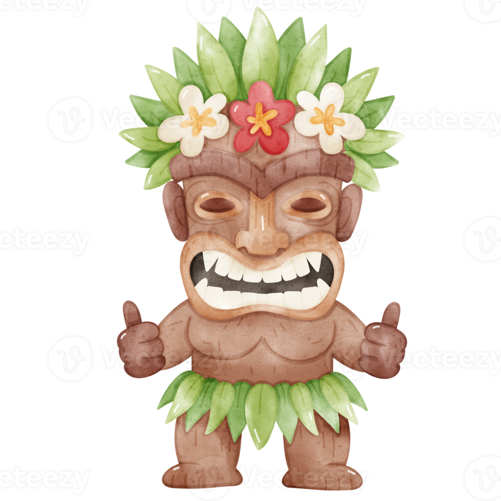 Smiling Hawaiian Tiki with Flower Lei watercolor png