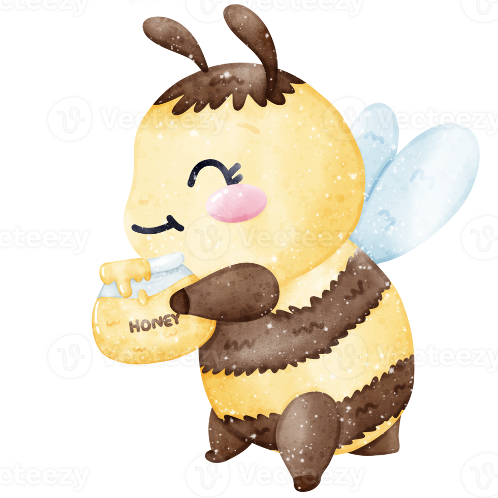 Smiling bee with honey jar in watercolor style png