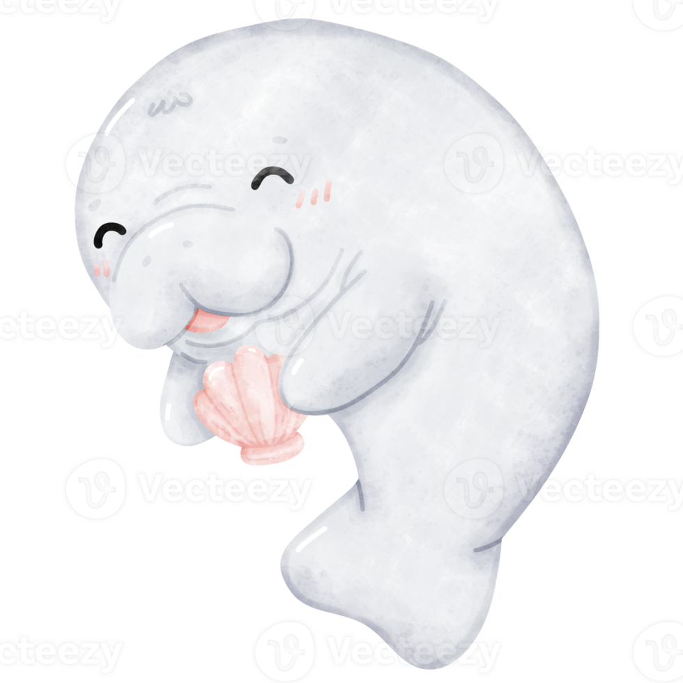 Smiling Manatee with Pink Shell watercolor png