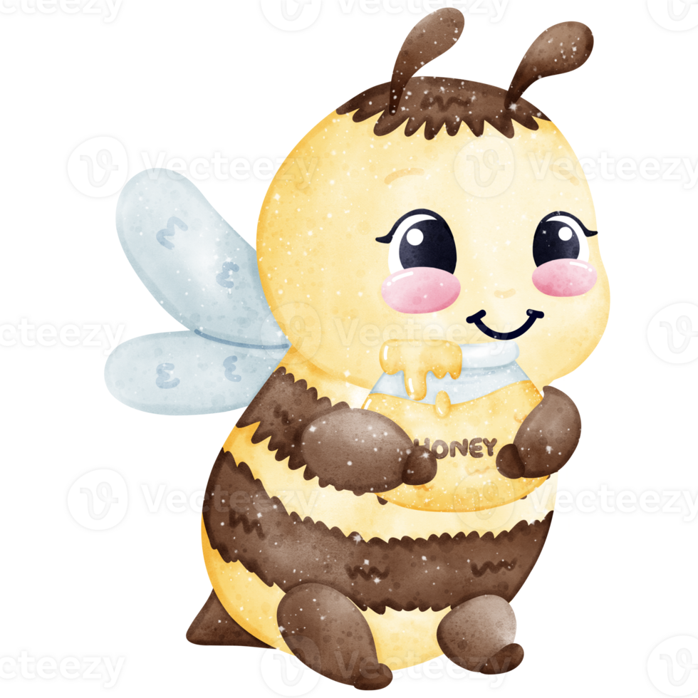 Cute Bee Holding Honey Jar and Smiling png