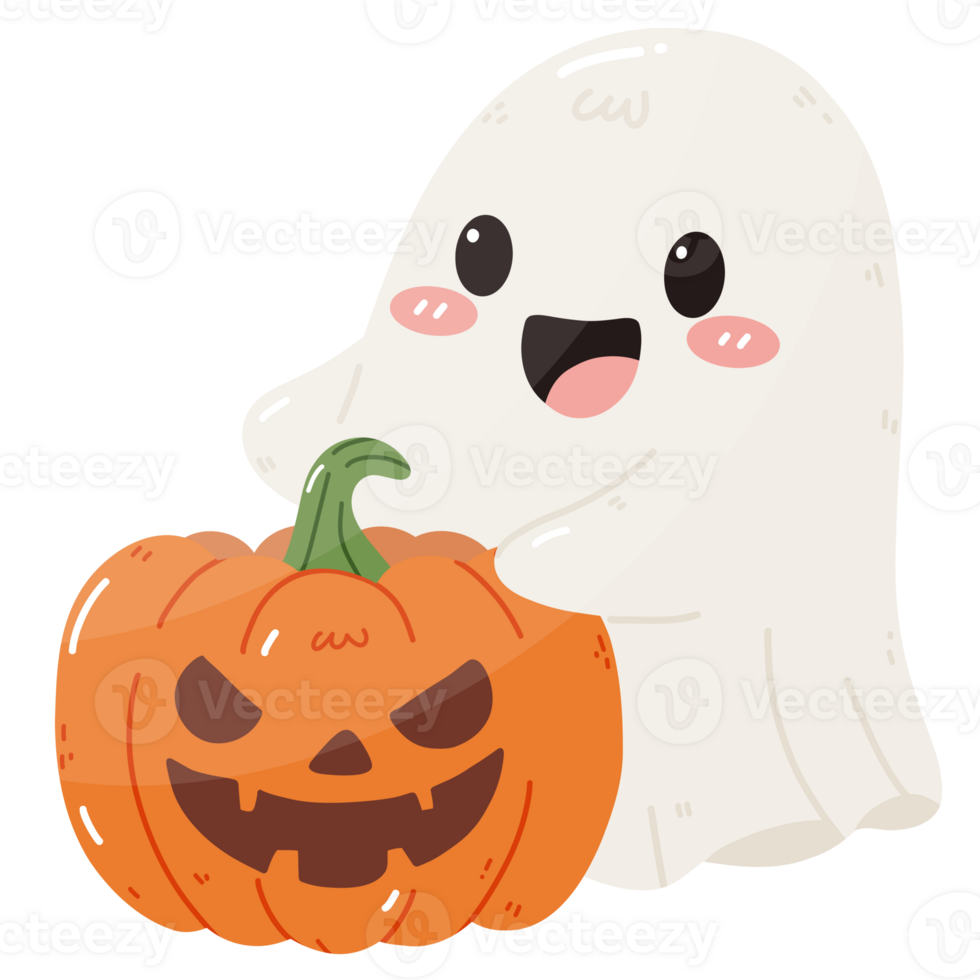 Cute Ghost with Smiling Jack-o'-Lantern png