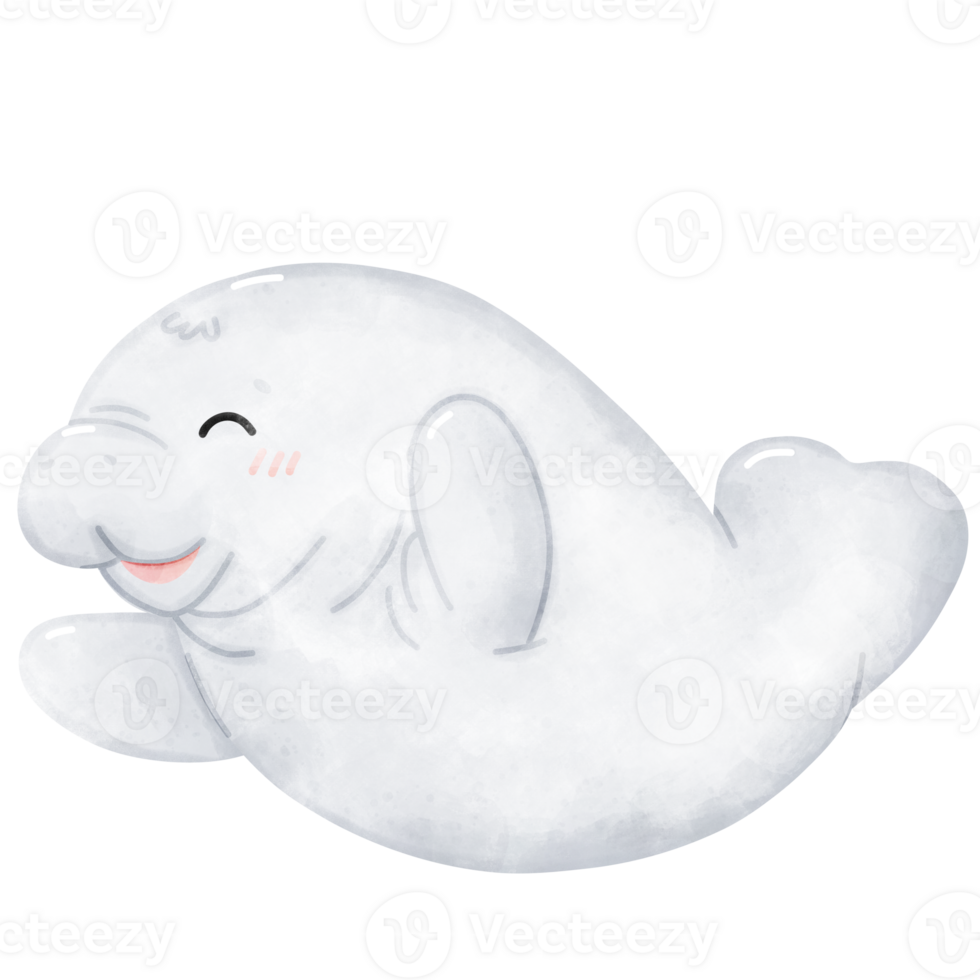 Happy watercolor cute manatee smiling png