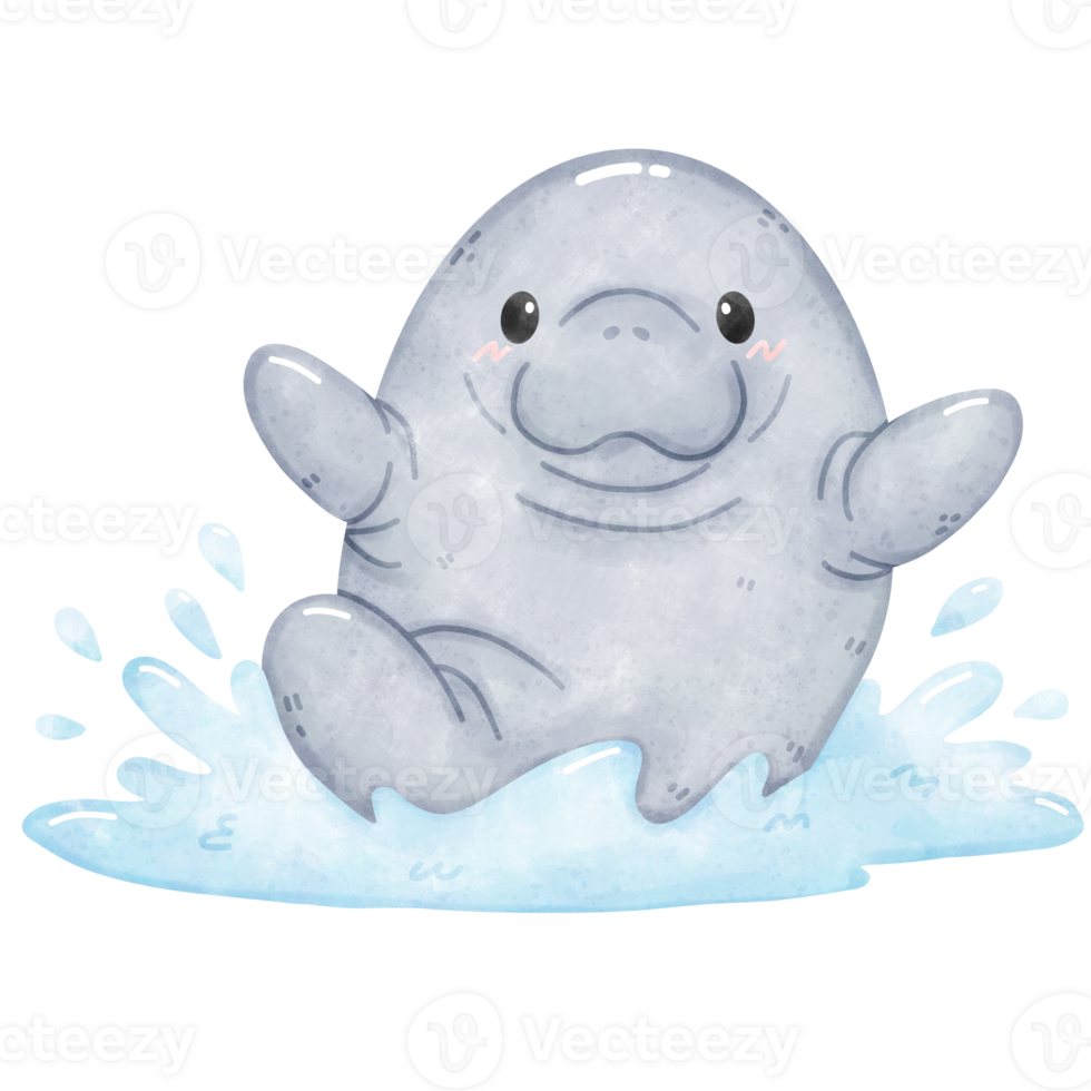 Playful Baby Manatee Splashing in Watercolor png
