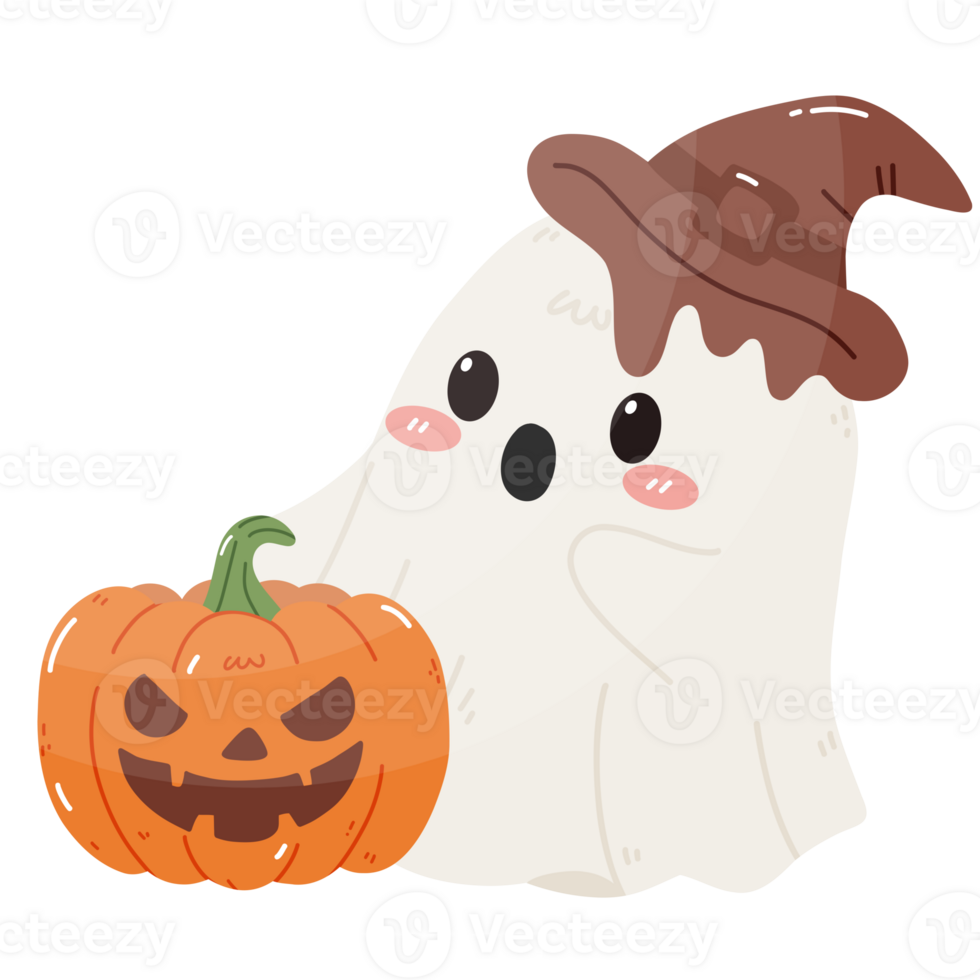 Happy Ghost Wearing a Chocolate Witch Hat with Pumpkin png