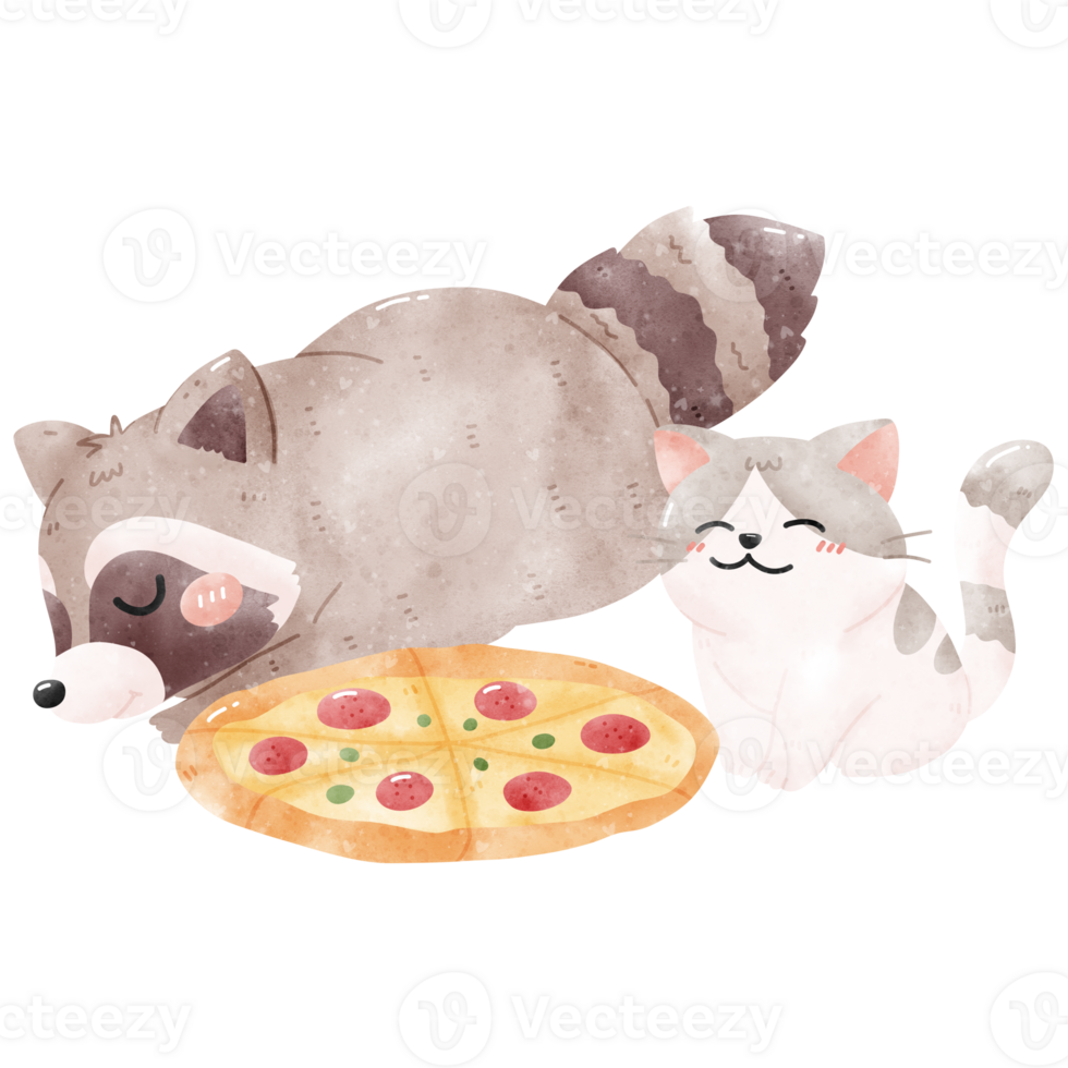 Sleepy cute raccoon and cat with the whole pizza watercolor illustration png