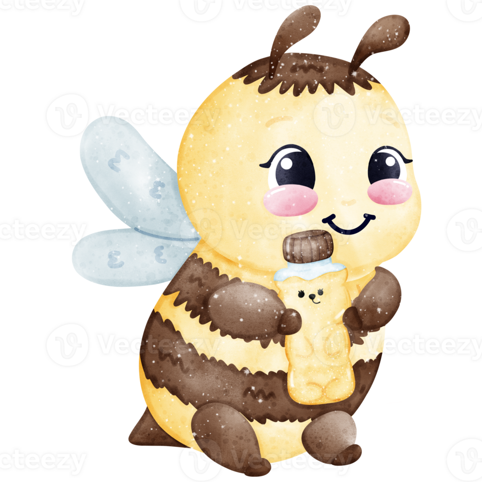 Kawaii watercolor bee with Honey Bear Bottle png