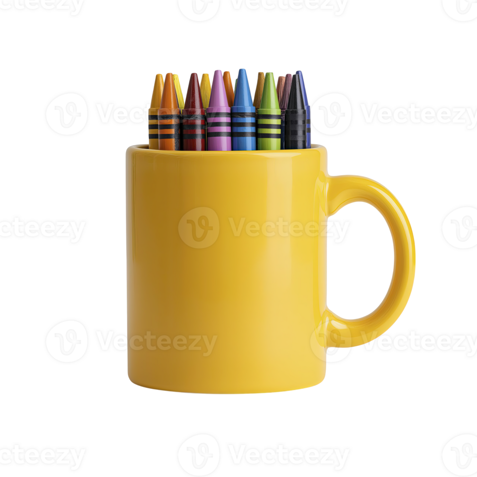 Colorful crayons yellow mug transparency background vibrant art supplies creative tools stationery drawing coloring craft artistic marker paint design illustration hobby education school supplies png