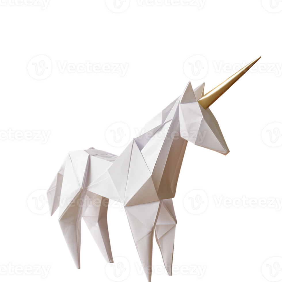 Modern, geometric unicorn sculpture with white body and golden horn, crafted with sharp, angular facets that give it contemporary and artistic appearance png