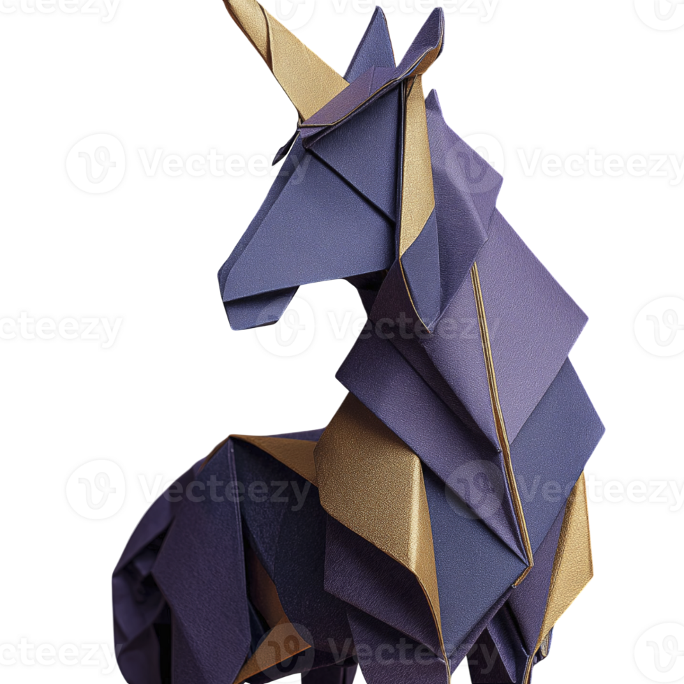 Geometric unicorn sculpture with sharp, angular shapes in purple and gold colors, creating modern and artistic appearance that evokes sense of fantasy and creativity png