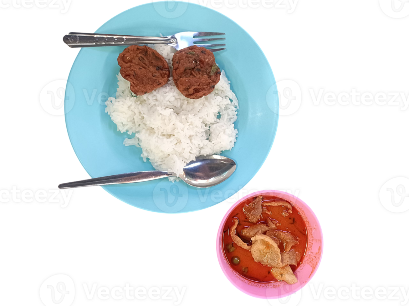 Plate of white rice with two meatballs and bowl of spicy soup with meat and vegetables, served with fork and spoon blue plate and pink bowl, showcasing meal with rich flavors and textures png