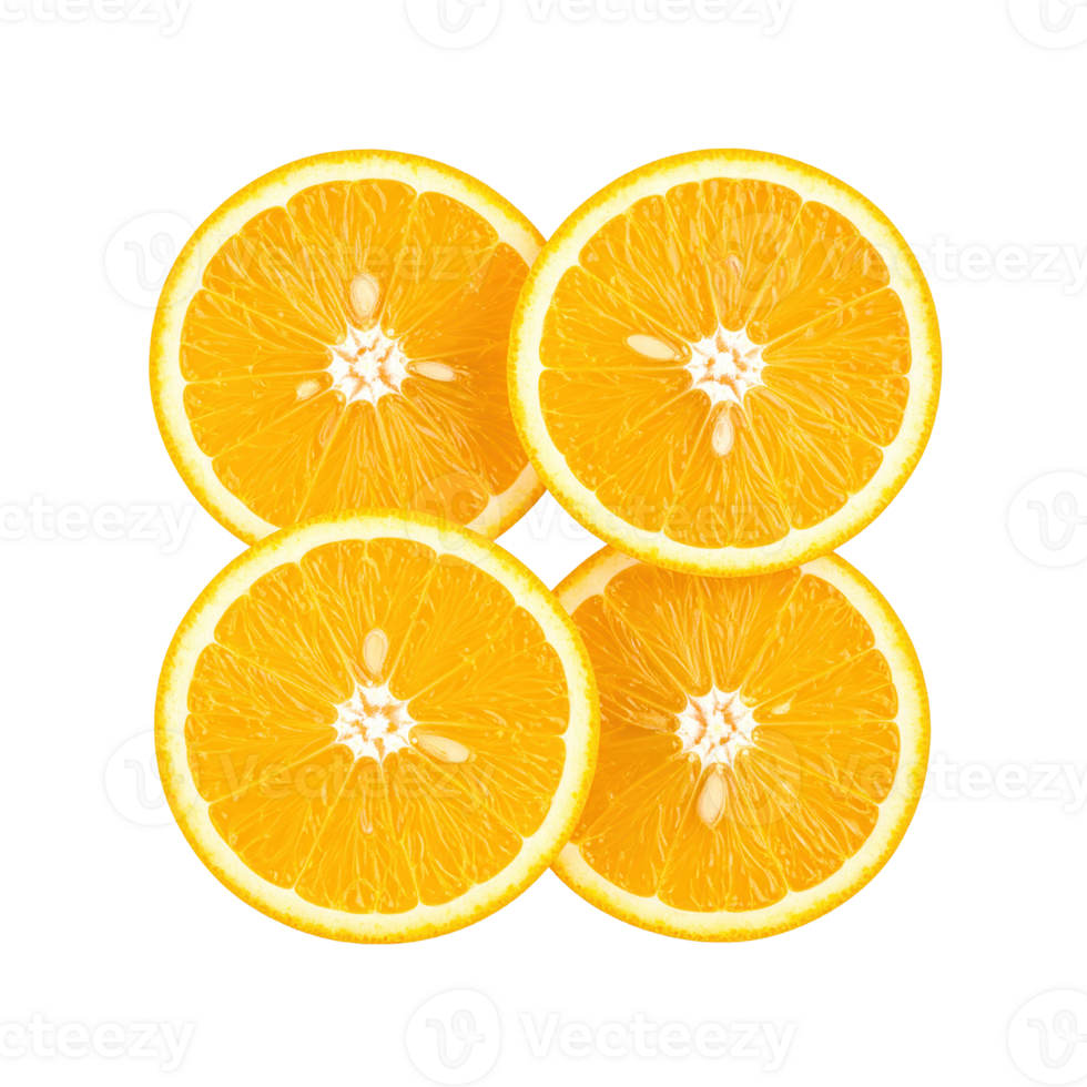 Top view of four juicy orange slices arranged in a square pattern, isolated on transparent background for food or design use. png