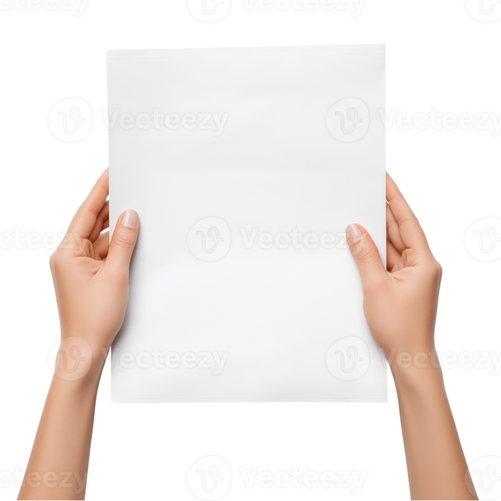Realistic human hands holding a blank white sheet of paper, isolated on transparent background, perfect for presentations or mockups png