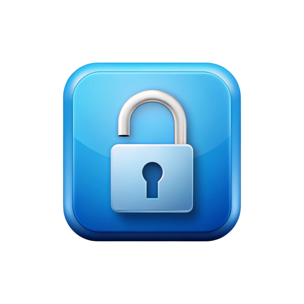 A blue square icon with an unlocked padlock in the center indicating security and access control png