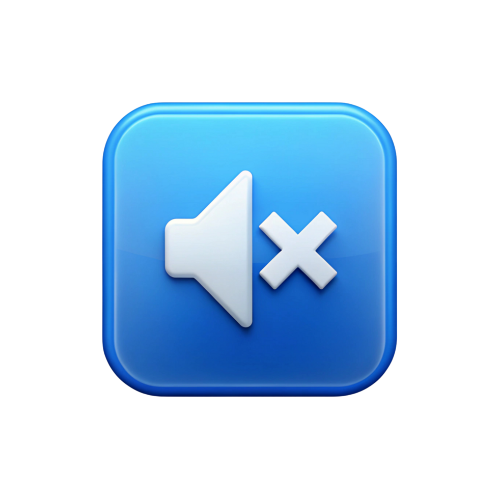 A glossy blue square button with a white speaker icon crossed out indicating the sound is muted png
