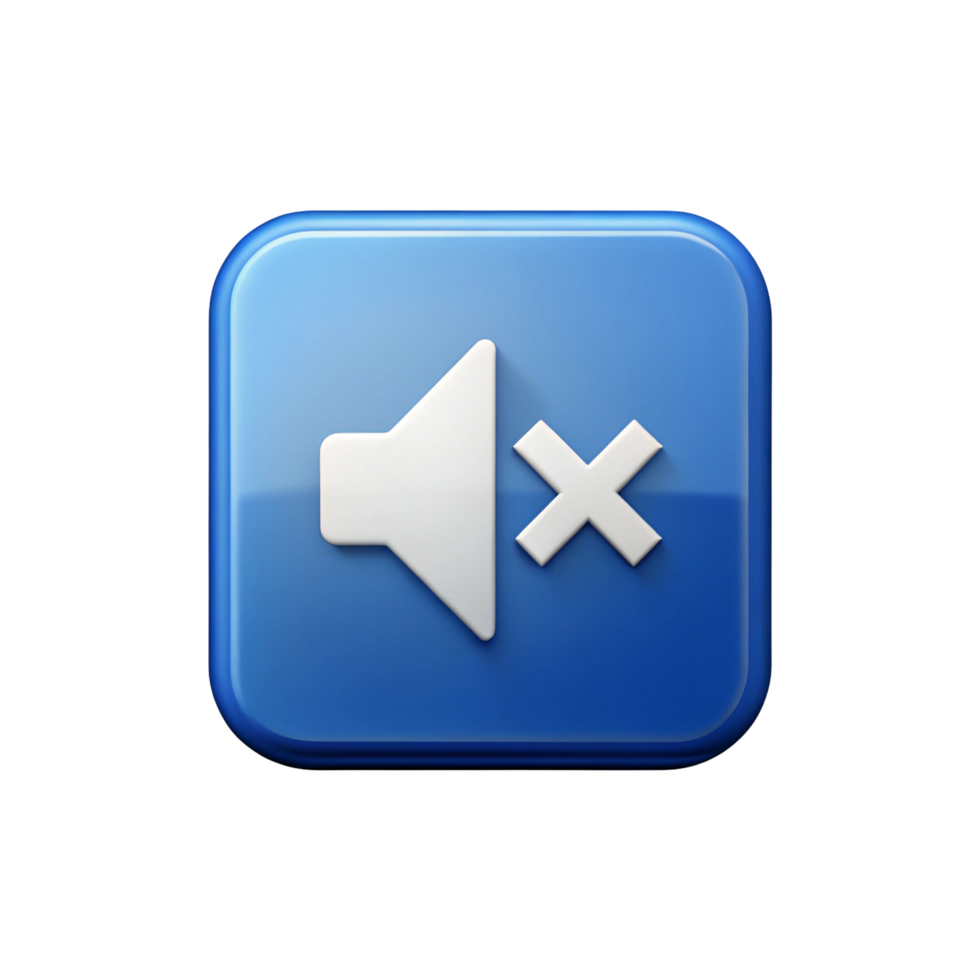 A blue square button with a white speaker icon and a white x indicating sound is muted or turned off png