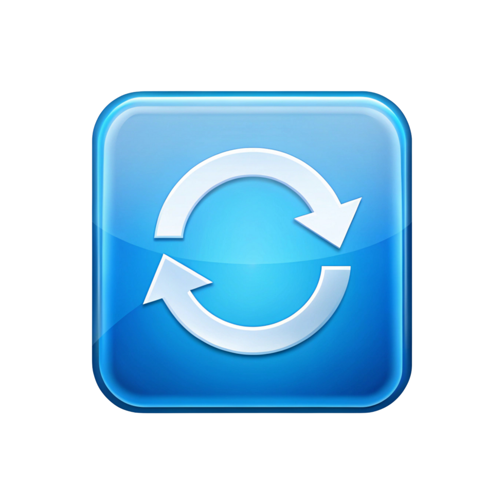 Blue square icon featuring a white circular arrow symbol indicating refresh or synchronization process png