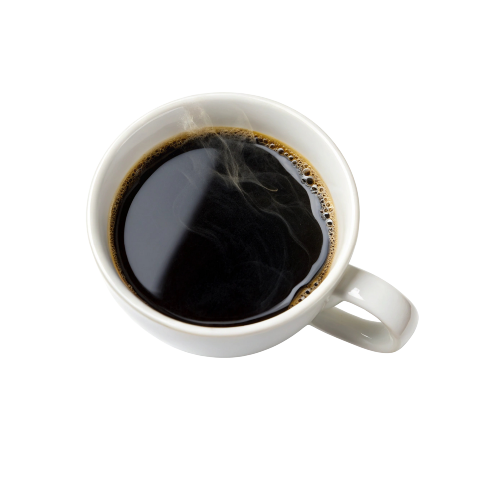 Freshly brewed black coffee in a white ceramic mug cup on transparent background png
