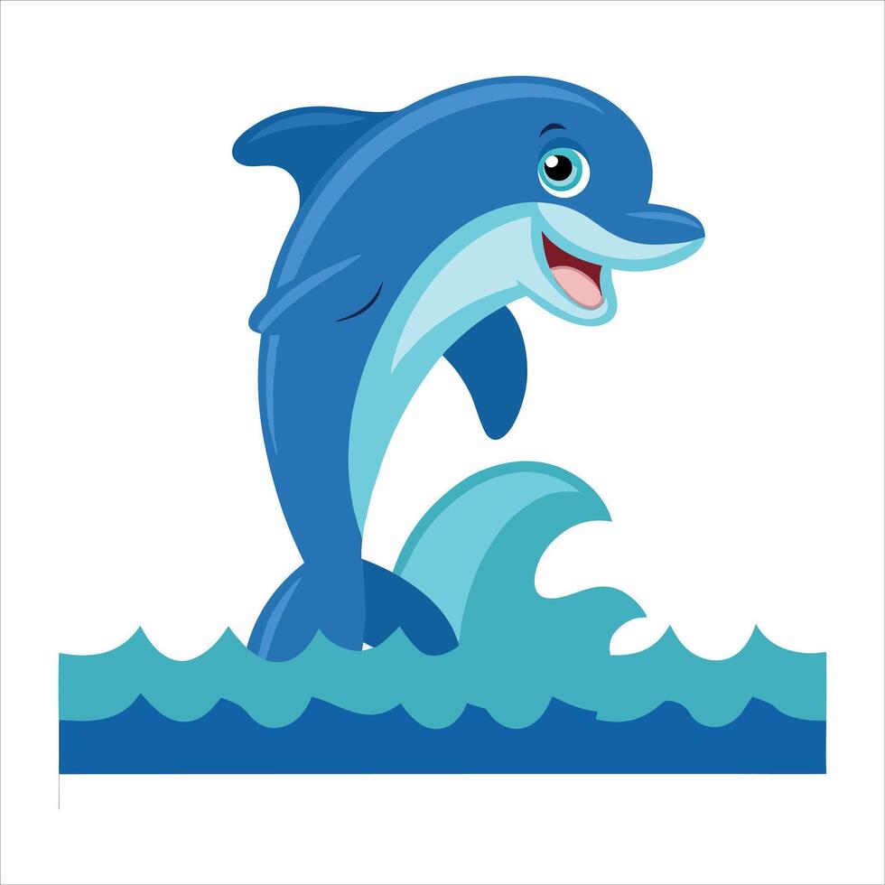 Joyful Dolphin Leaping from Ocean Waves a Delightful Cartoon Illustration Capturing Marine Life and Playful Sea Creatures in Vibrant Colors vector