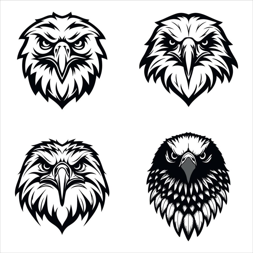 A Collection of Four Fierce Eagle Head Illustrations Depicted with Sharp Lines and Intricate Feather Details in Black and White vector