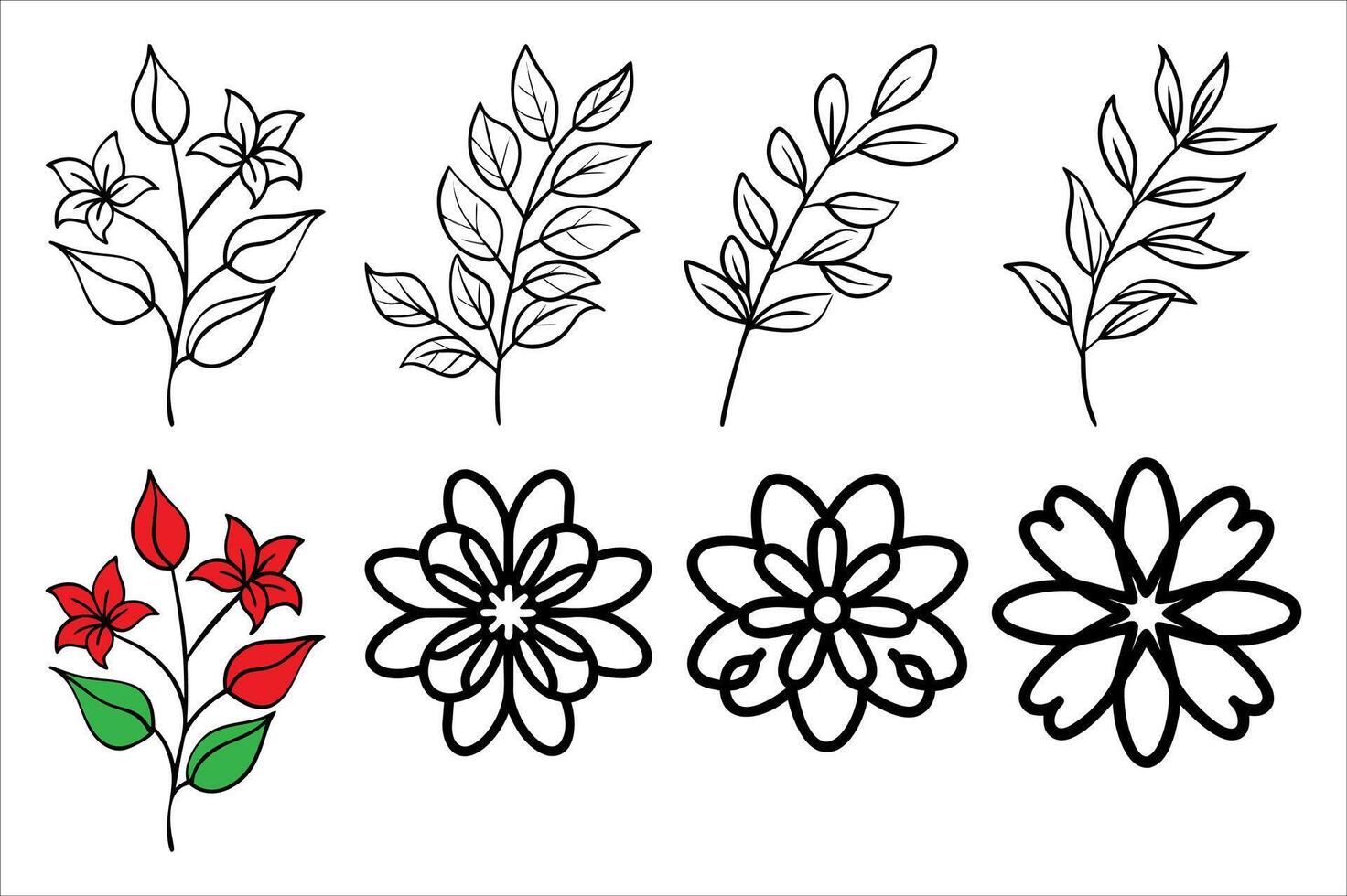 Botanical Line Art Collection featuring Flowers, Twigs and Leaves with Bold Outlines on a White Background for Design Elements vector