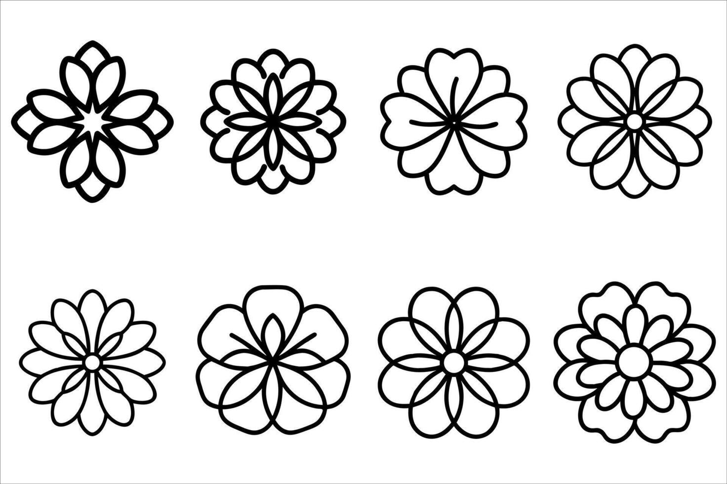 Diverse Floral Outlines A Collection of Stylized Flower Illustrations Depicting Various Petal Arrangements and Botanical Designs in Black and White vector