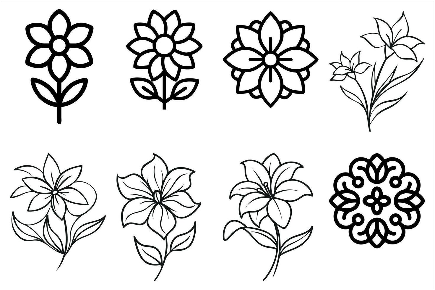 Eight Simple Flower Designs Featuring Various Blossom Shapes and Leaf Configurations in a Minimalist Black and White Style vector