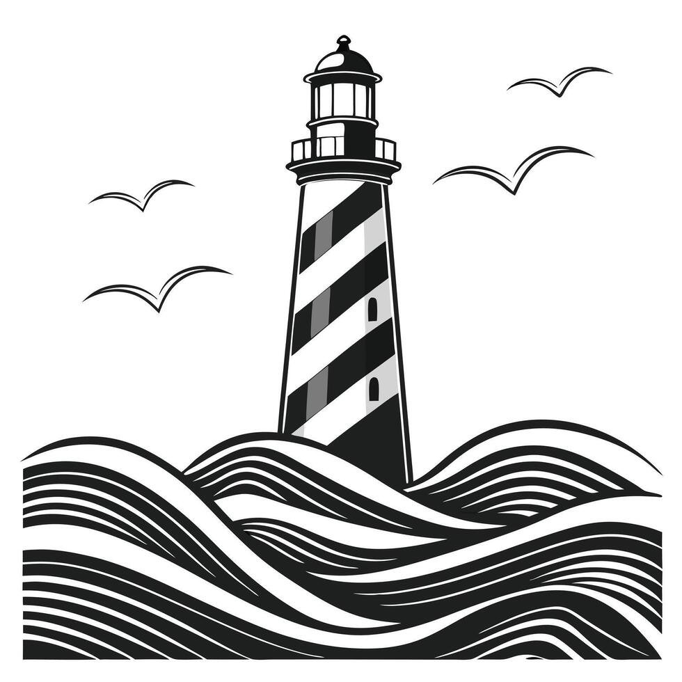 Lighthouse with waves and birds illustration vector