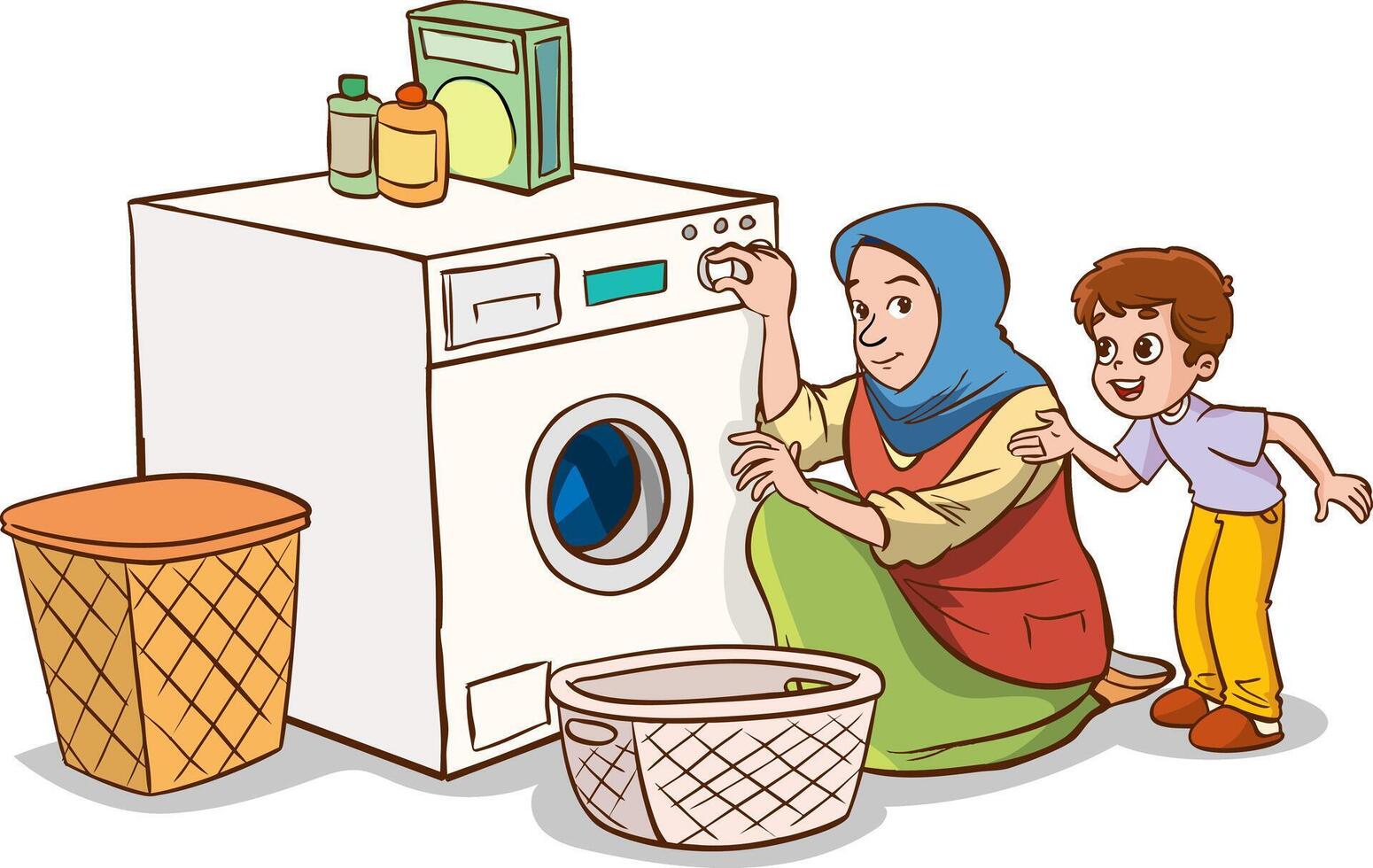 Cute boy helps his mother to do the laundry with the washing machine vector