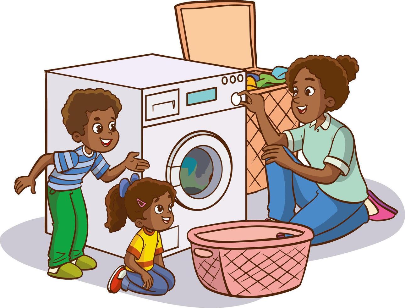 mother and children operating the washing machine.Cute little boy helps his mother to do the laundry with the washing machine vector
