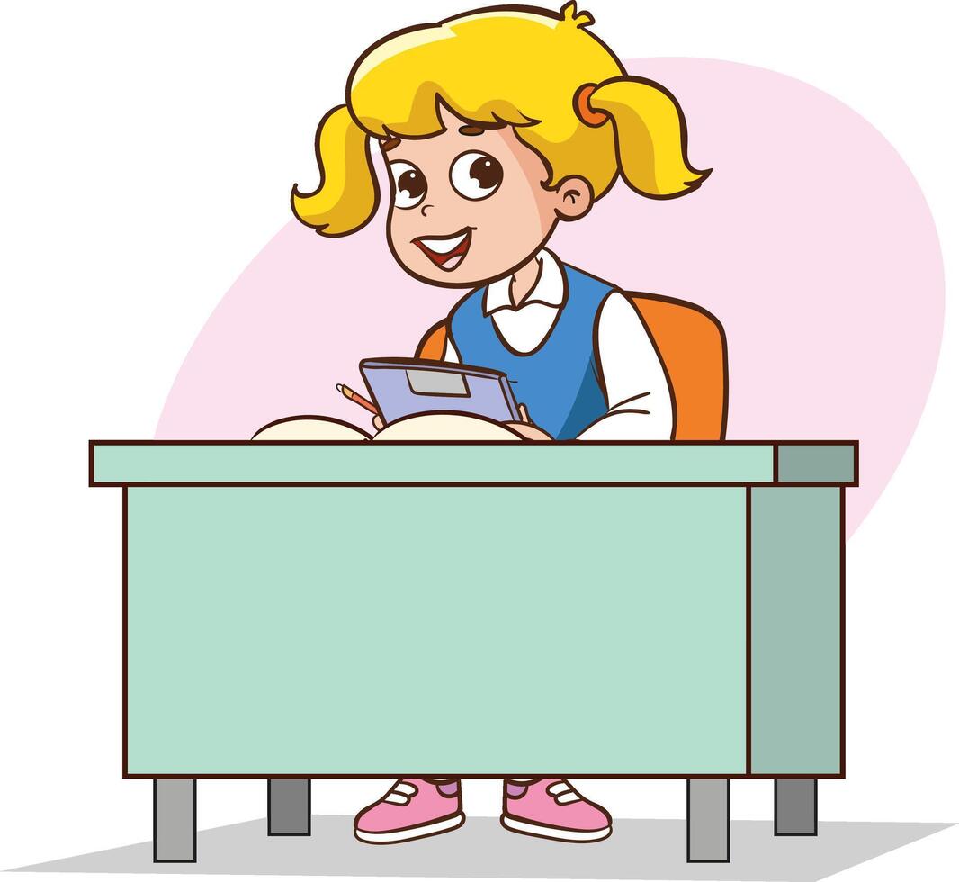 Cute girl child sitting at the desk, primary school student in uniform, illustration on a white background vector