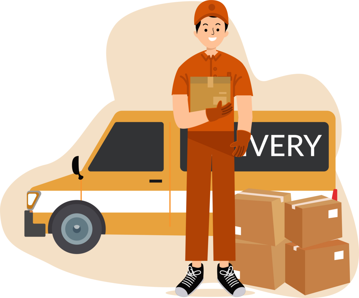 delivery man holding parcel cardboard box. courier delivering parcels with van png