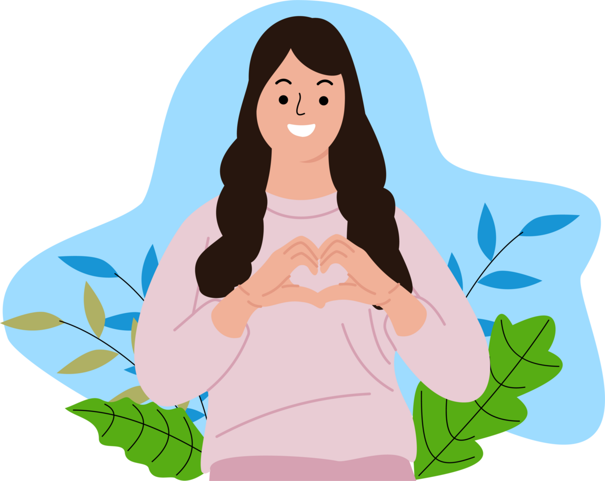 Girl shows heart gesture with hands. woman standing showing heart sign smiling happy. Happy friendly female smiling expressing love png