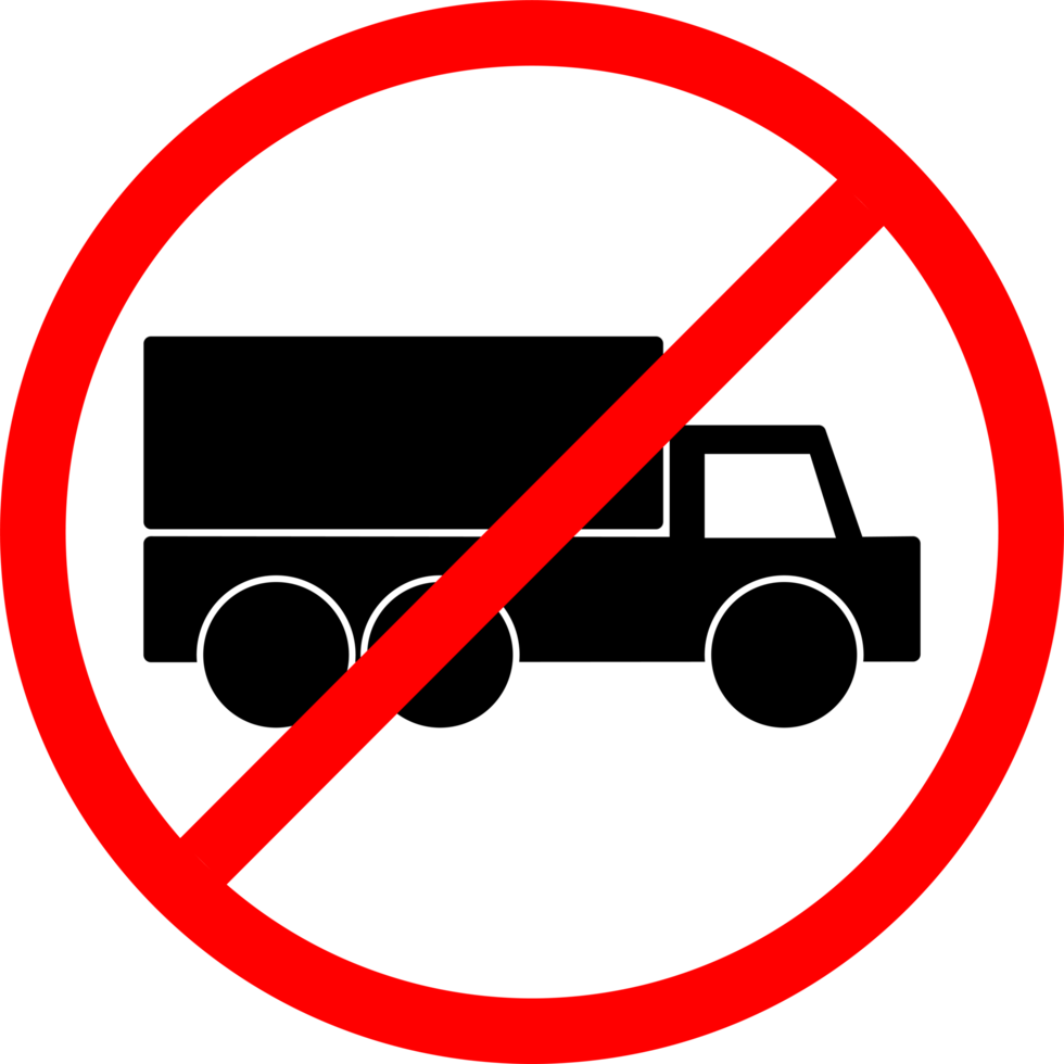 Trucks are prohibited from parking. Trucks are prohibited from passing. No truck sign. A red circle with a no trucks png