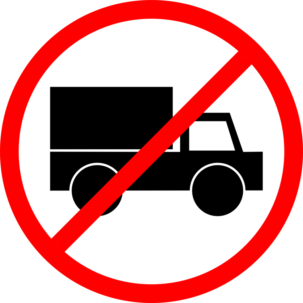 No truck sign. Truck prohibition sign. Trucks are prohibited from parking. Trucks are prohibited from passing. A red circle with a no box cars png