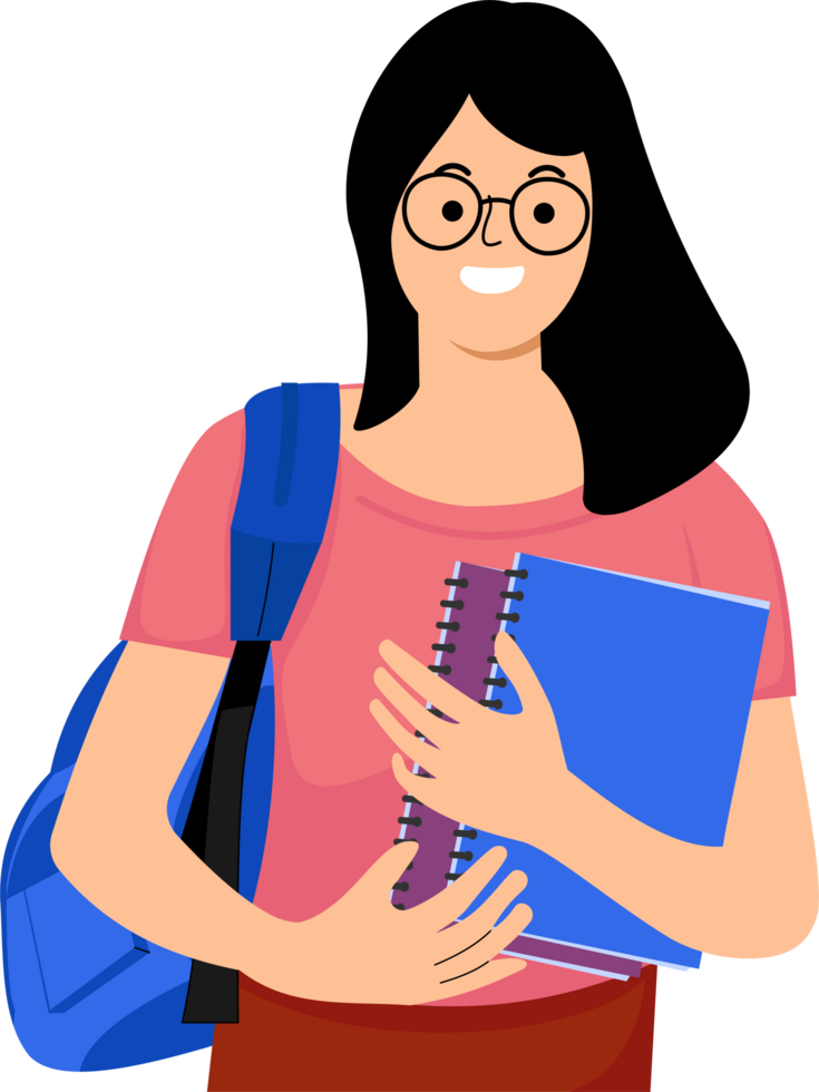 Student girl hold studying book character illustration. female student cartoon png