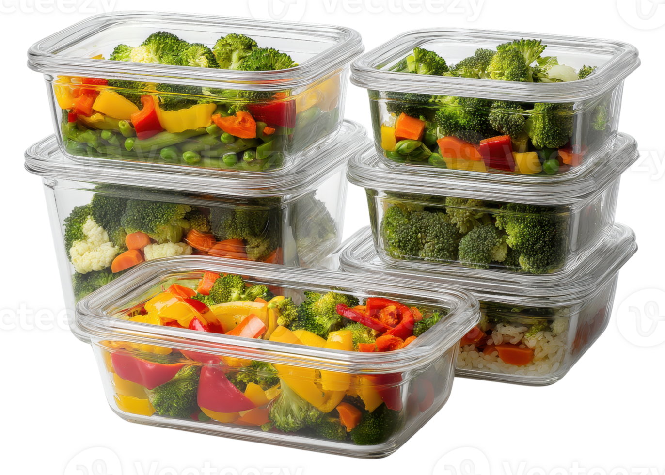 Clear food storage containers filled with fresh mixed vegetables isolated on transparent background, food prep, meal prep, healthy eating. png
