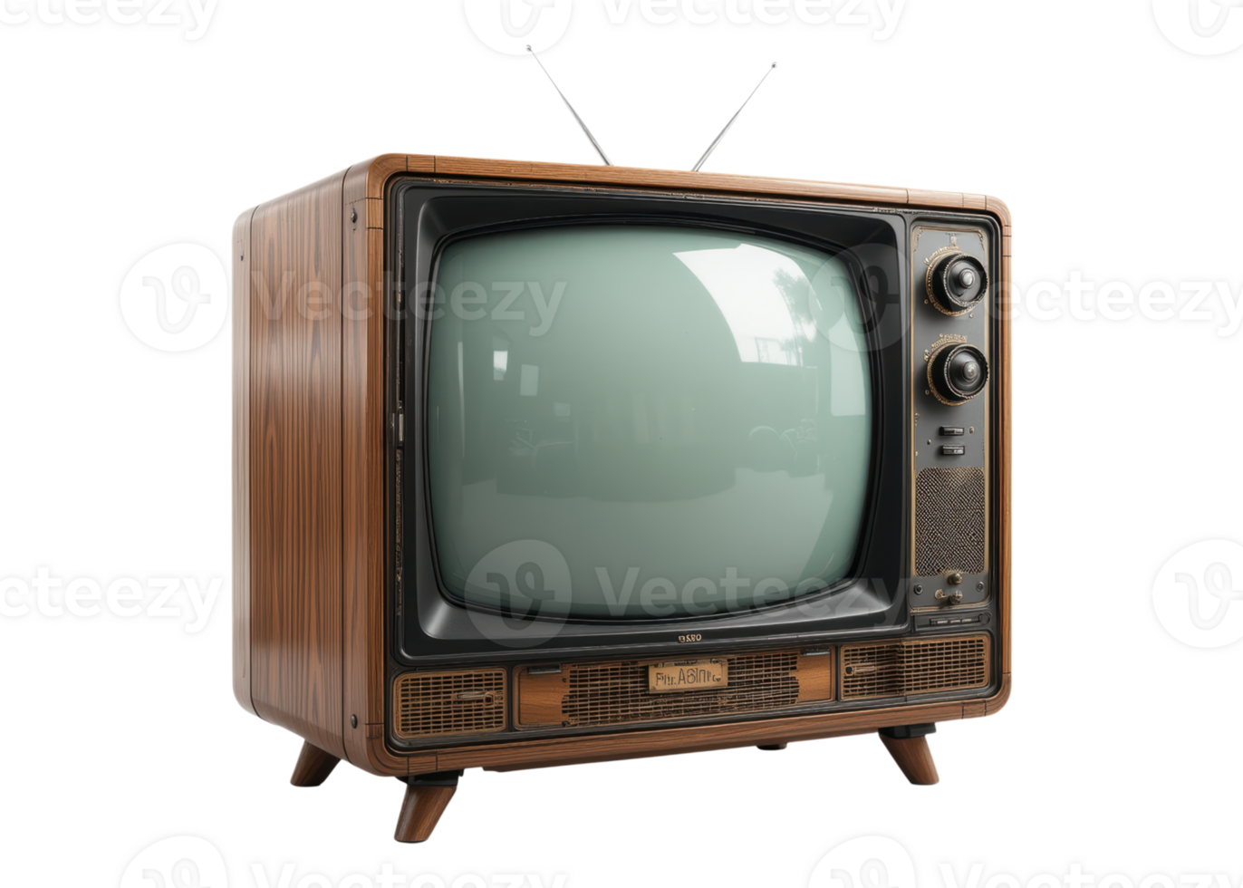 Vintage television with wooden cabinet, antennas, screen, knobs, isolated on transparent background, Retro, Nostalgia, Entertainment. png