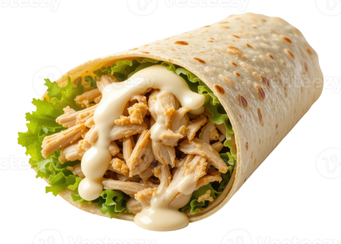 Chicken wrap with shredded chicken, lettuce, and sauce, isolated on transparent background. Food, Fast food, Street food. png