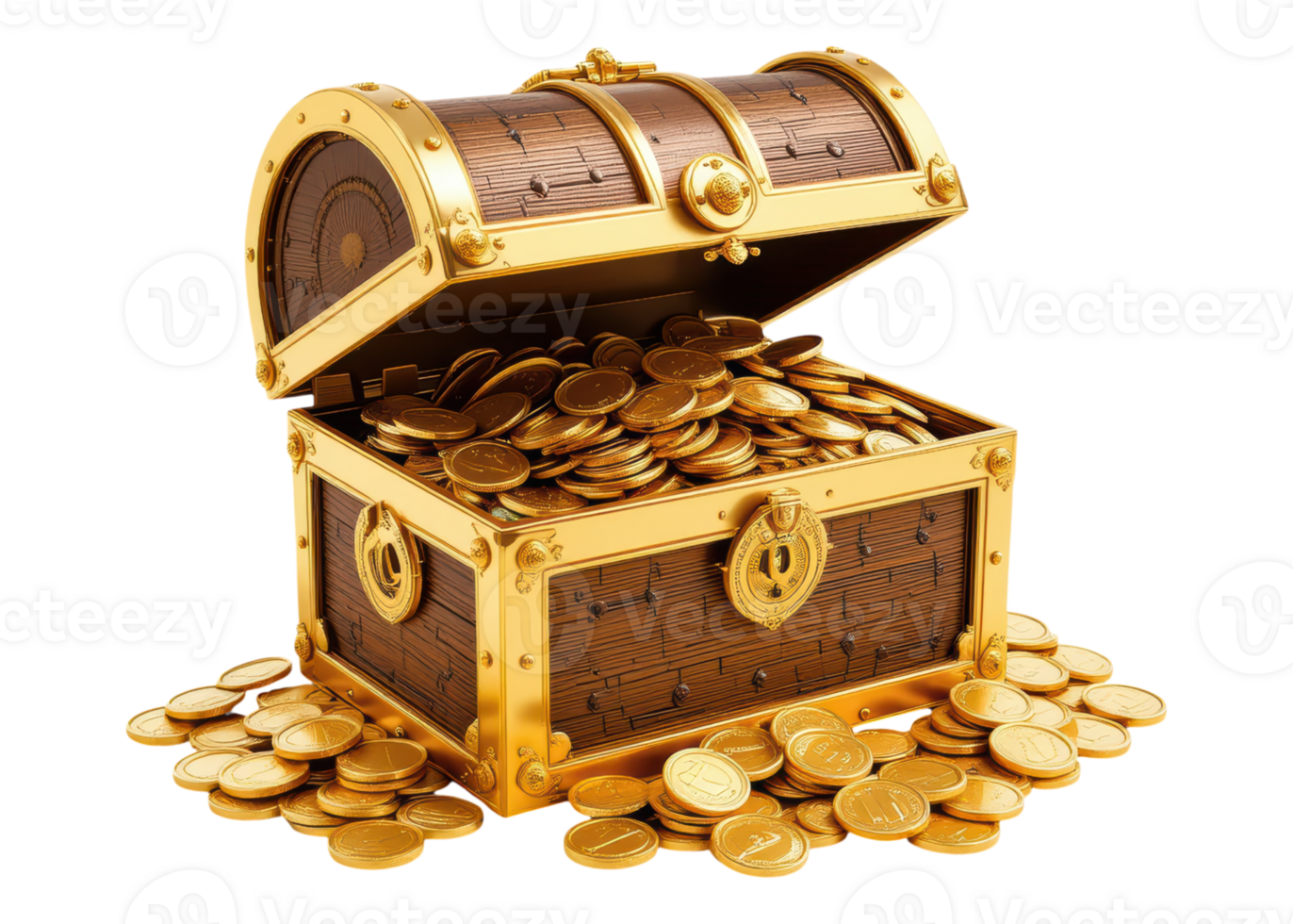 Treasure chest full of gold coins, isolated on transparent background, wealth, success, pirate. png